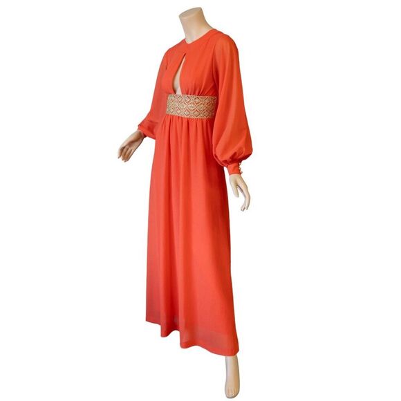 OSTI Vintage 70s Nylon Crepe Balloon Sleeve Coral Gown * Small - Picture 10 of 17